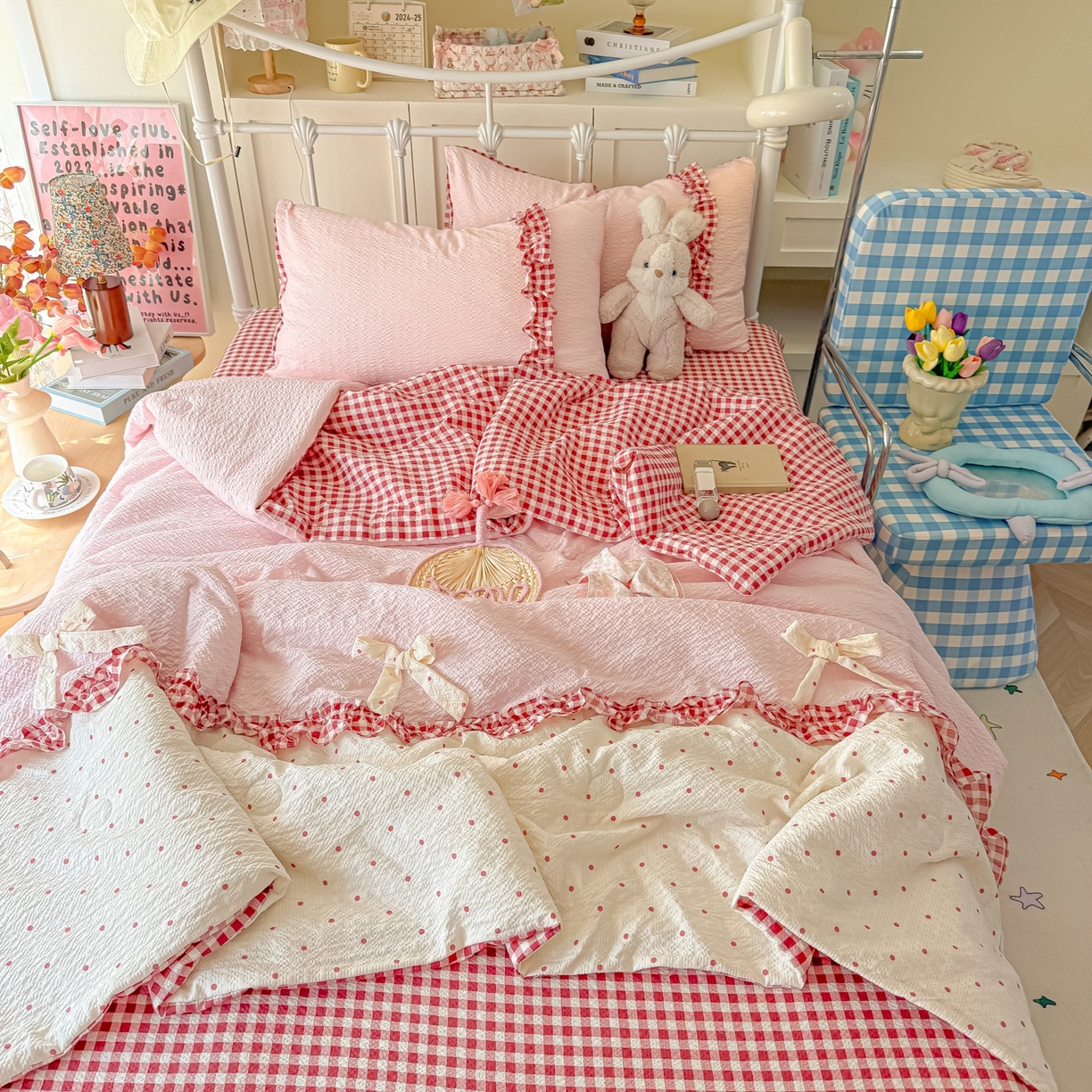 91家纺网 家纺一手货源 找家纺 瑞禾家纺（原阿亮） 2026新款提花泡芙面蝴蝶结花边韩剧女主感单夏被夏被夏凉被空调被四件套-奶油泡芙 夏被奶油泡芙-奶红波点