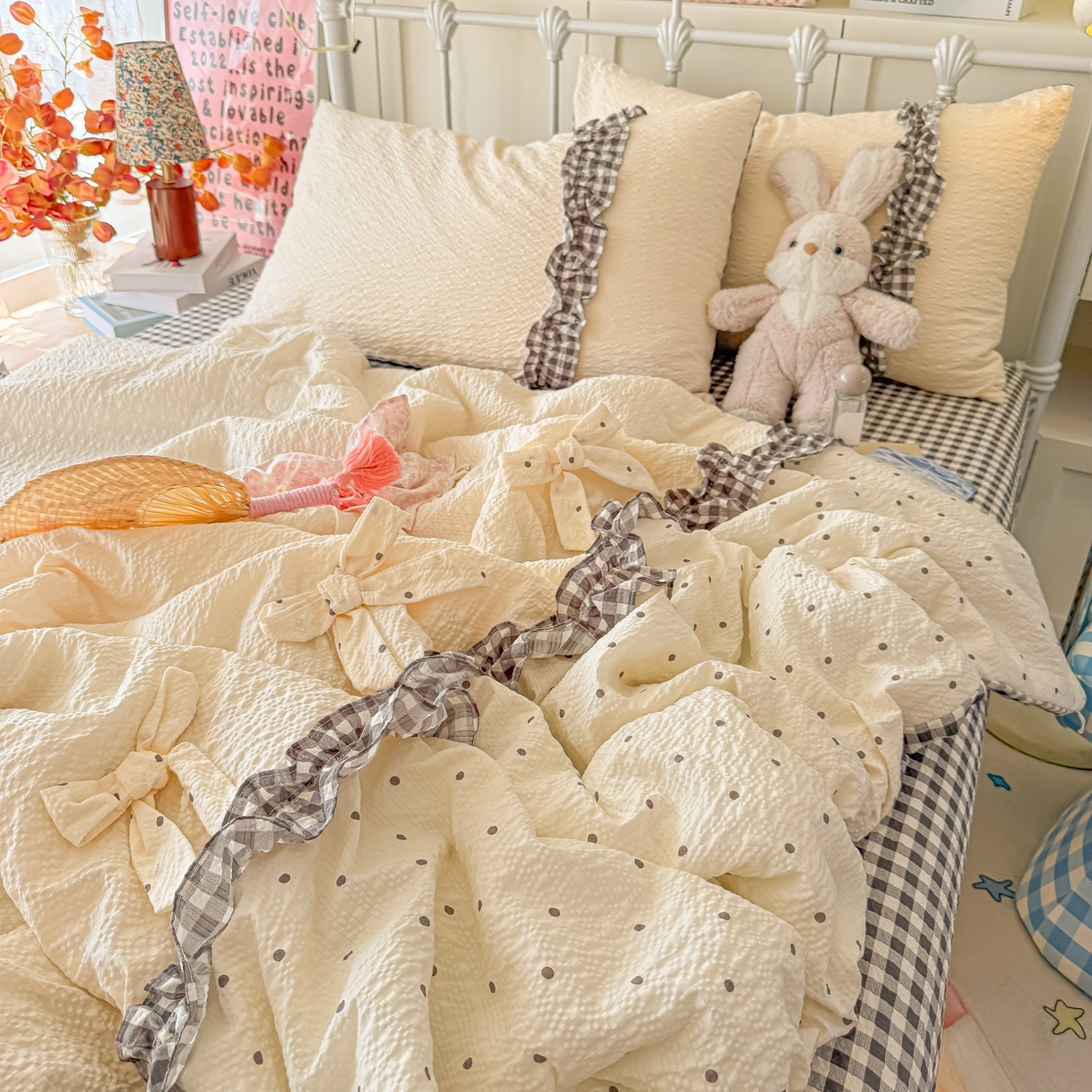 91家纺网 家纺一手货源 找家纺 瑞禾家纺（原阿亮） 2026新款提花泡芙面蝴蝶结花边韩剧女主感单夏被夏被夏凉被空调被四件套-奶油泡芙 夏被奶油泡芙-奶灰波点