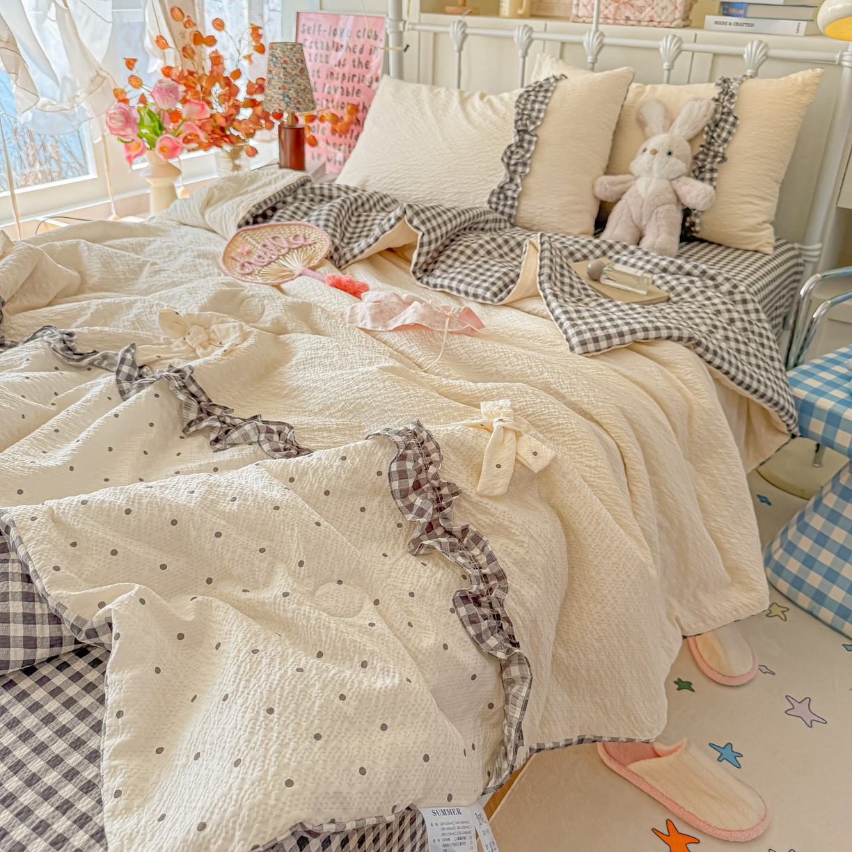 91家纺网 家纺一手货源 找家纺 瑞禾家纺（原阿亮） 2026新款提花泡芙面蝴蝶结花边韩剧女主感单夏被夏被夏凉被空调被四件套-奶油泡芙 夏被奶油泡芙-奶灰波点