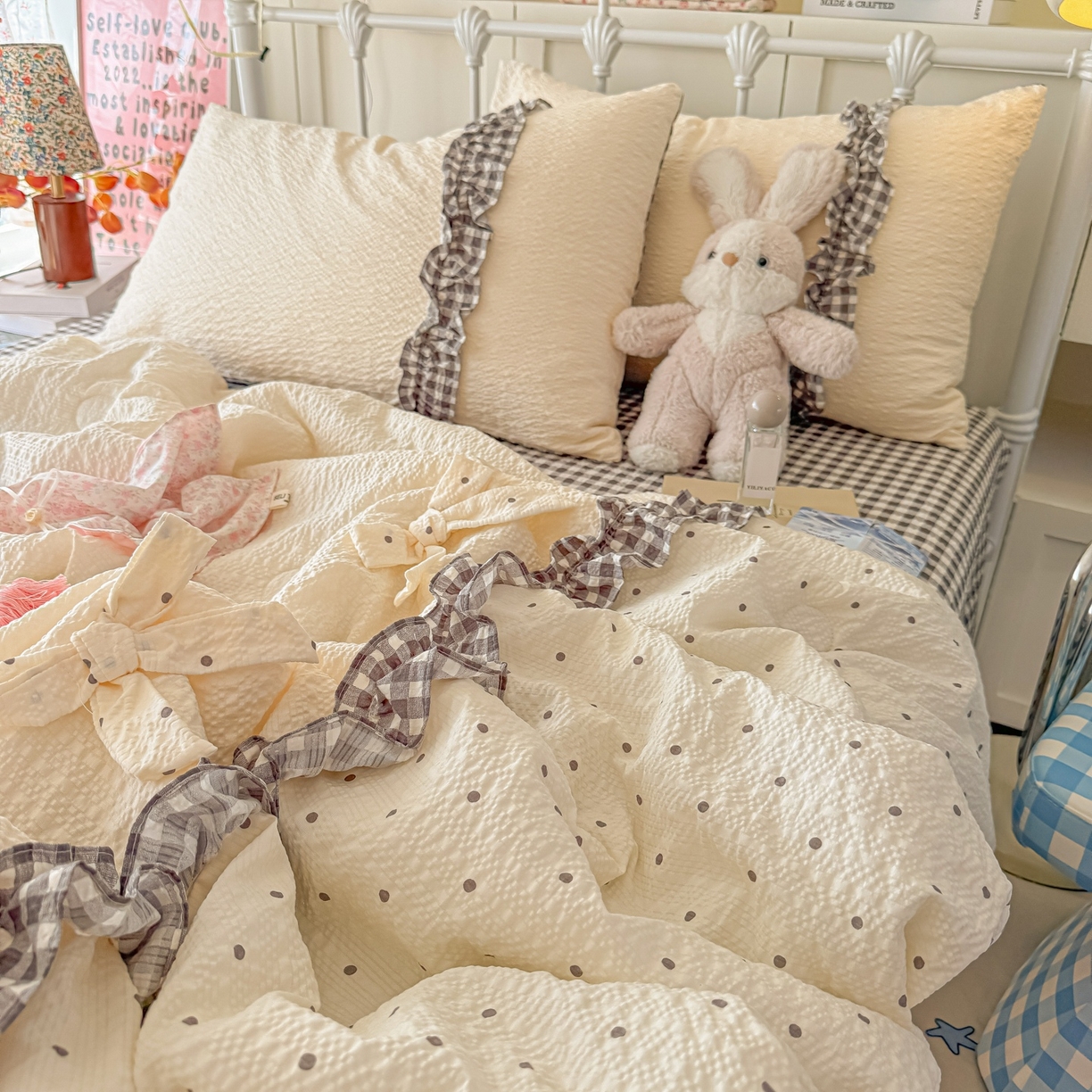 91家纺网 家纺一手货源 找家纺 瑞禾家纺（原阿亮） 2026新款提花泡芙面蝴蝶结花边韩剧女主感单夏被夏被夏凉被空调被四件套-奶油泡芙 夏被奶油泡芙-奶灰波点