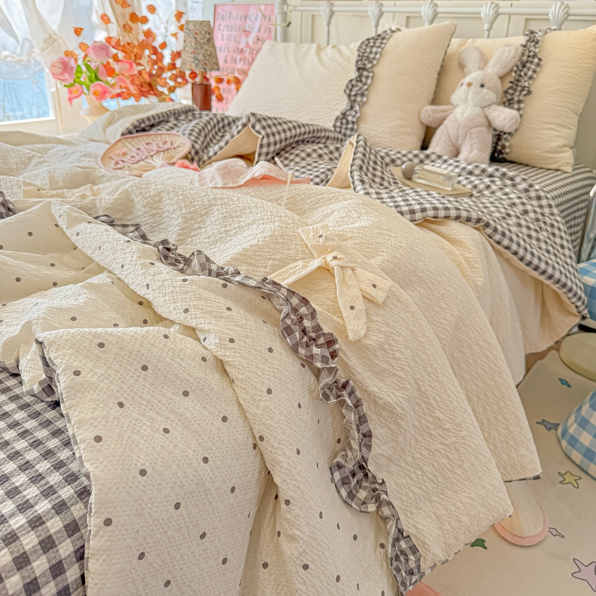 91家纺网 家纺一手货源 找家纺 瑞禾家纺（原阿亮） 2026新款提花泡芙面蝴蝶结花边韩剧女主感单夏被夏被夏凉被空调被四件套-奶油泡芙 夏被奶油泡芙-奶灰波点