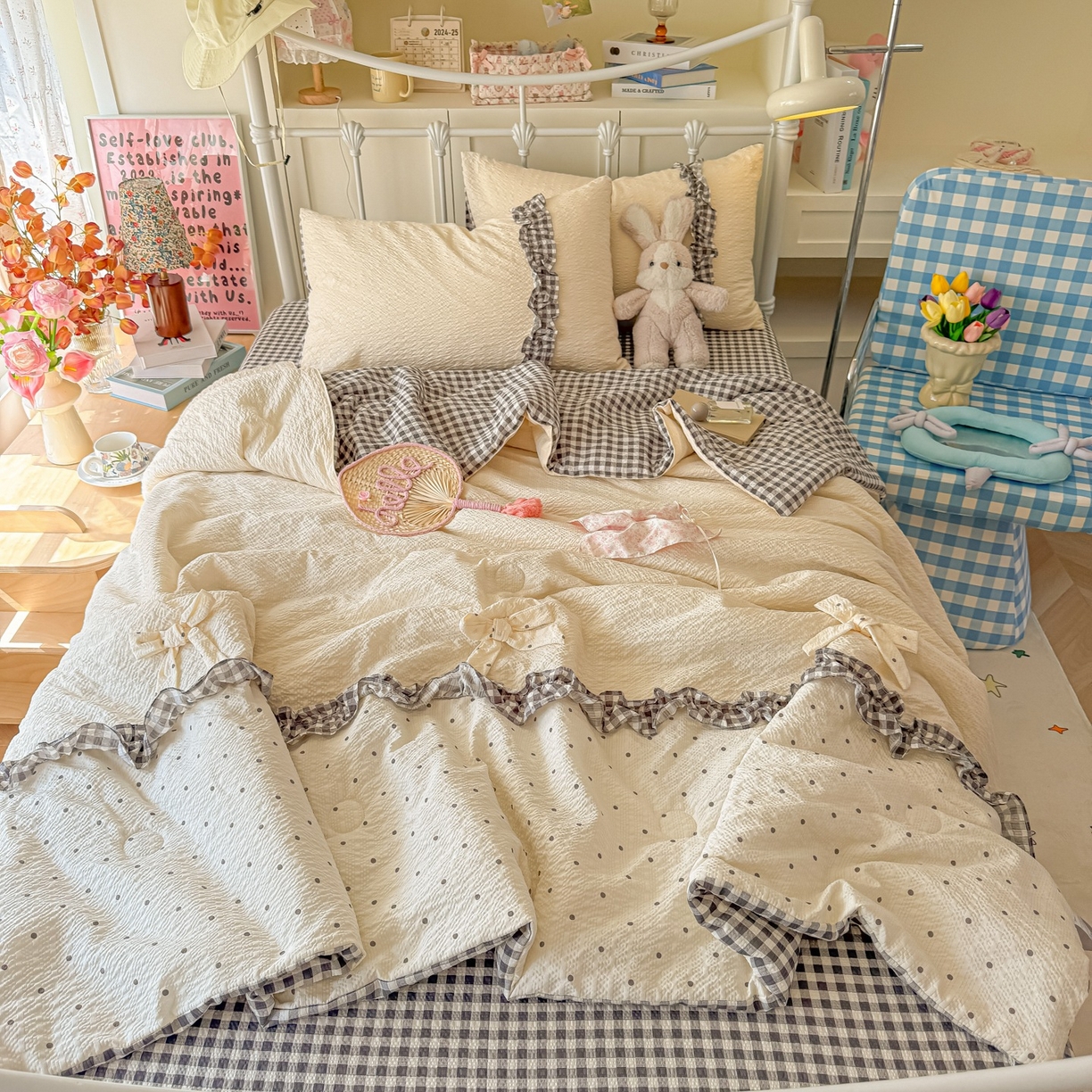 91家纺网 家纺一手货源 找家纺 瑞禾家纺（原阿亮） 2026新款提花泡芙面蝴蝶结花边韩剧女主感单夏被夏被夏凉被空调被四件套-奶油泡芙 夏被奶油泡芙-奶灰波点