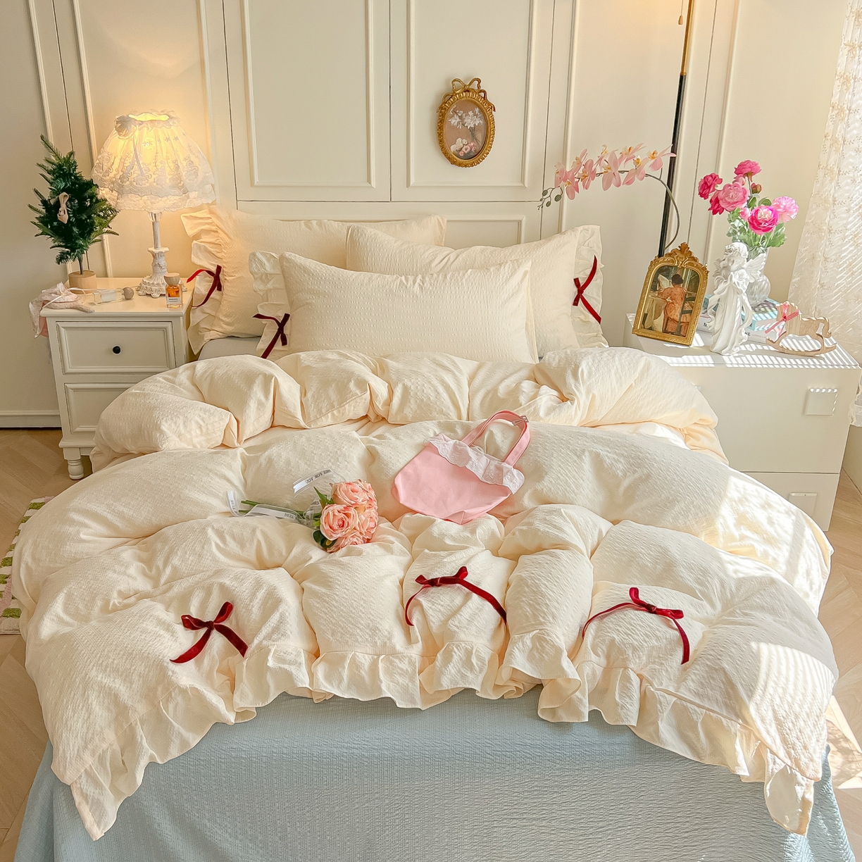 91家纺网 家纺一手货源 找家纺 （总）瑞禾家纺（原阿亮） 2026春夏新款提花泡芙棉花边蝴蝶结床单床笠四件套-甜心公主