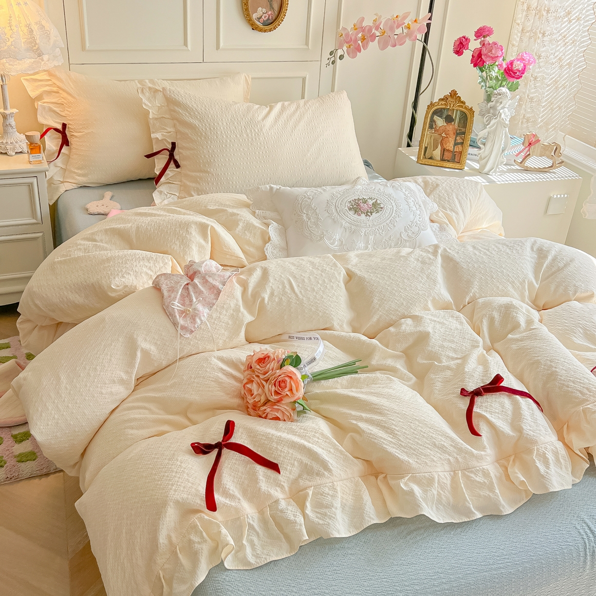 91家纺网 家纺一手货源 找家纺 （总）瑞禾家纺（原阿亮） 2026春夏新款提花泡芙棉花边蝴蝶结床单床笠四件套-甜心公主