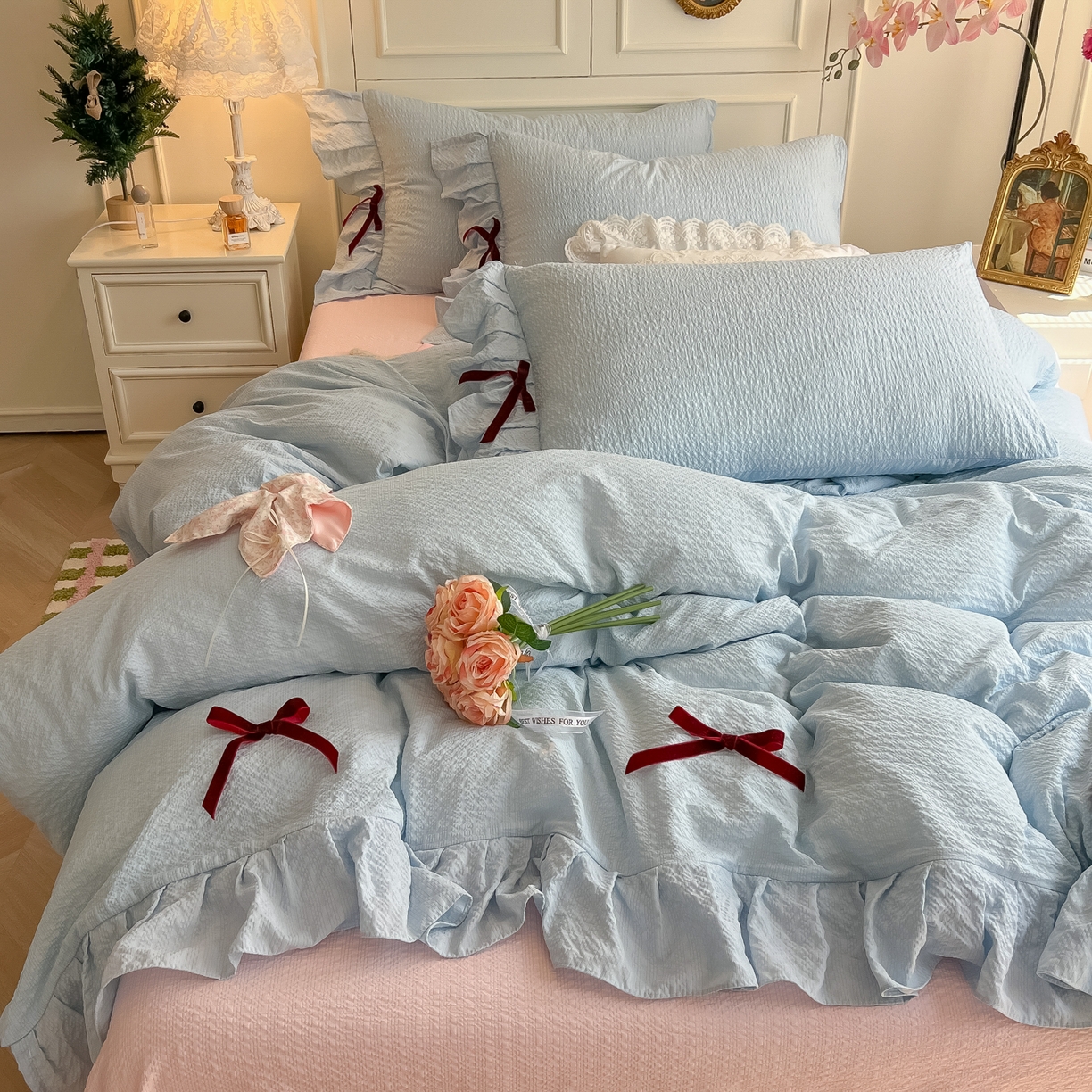 91家纺网 家纺一手货源 找家纺 （总）瑞禾家纺（原阿亮） 2026春夏新款提花泡芙棉花边蝴蝶结床单床笠四件套-甜心公主