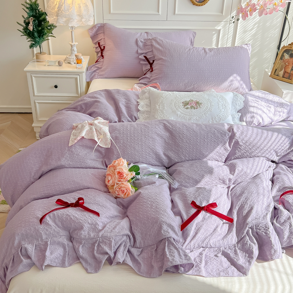 91家纺网 家纺一手货源 找家纺 （总）瑞禾家纺（原阿亮） 2026春夏新款提花泡芙棉花边蝴蝶结床单床笠四件套-甜心公主