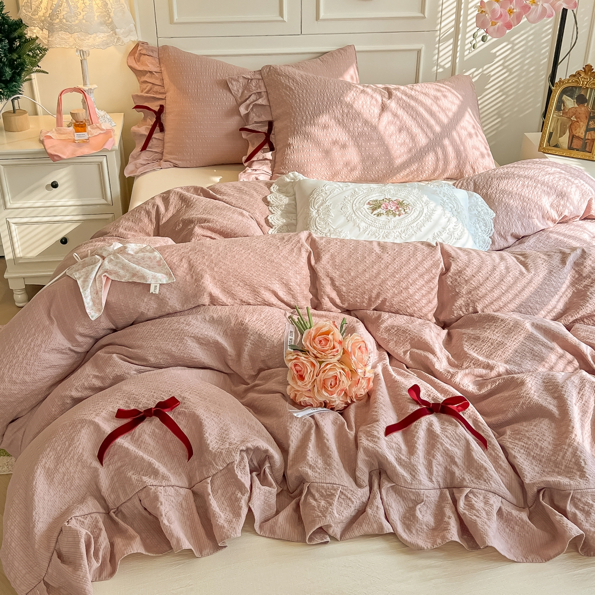 瑞禾家纺（原阿亮） 2026春夏新款提花泡芙棉花边蝴蝶结床单床笠四件套-甜心公主 甜心公主-浅豆沙