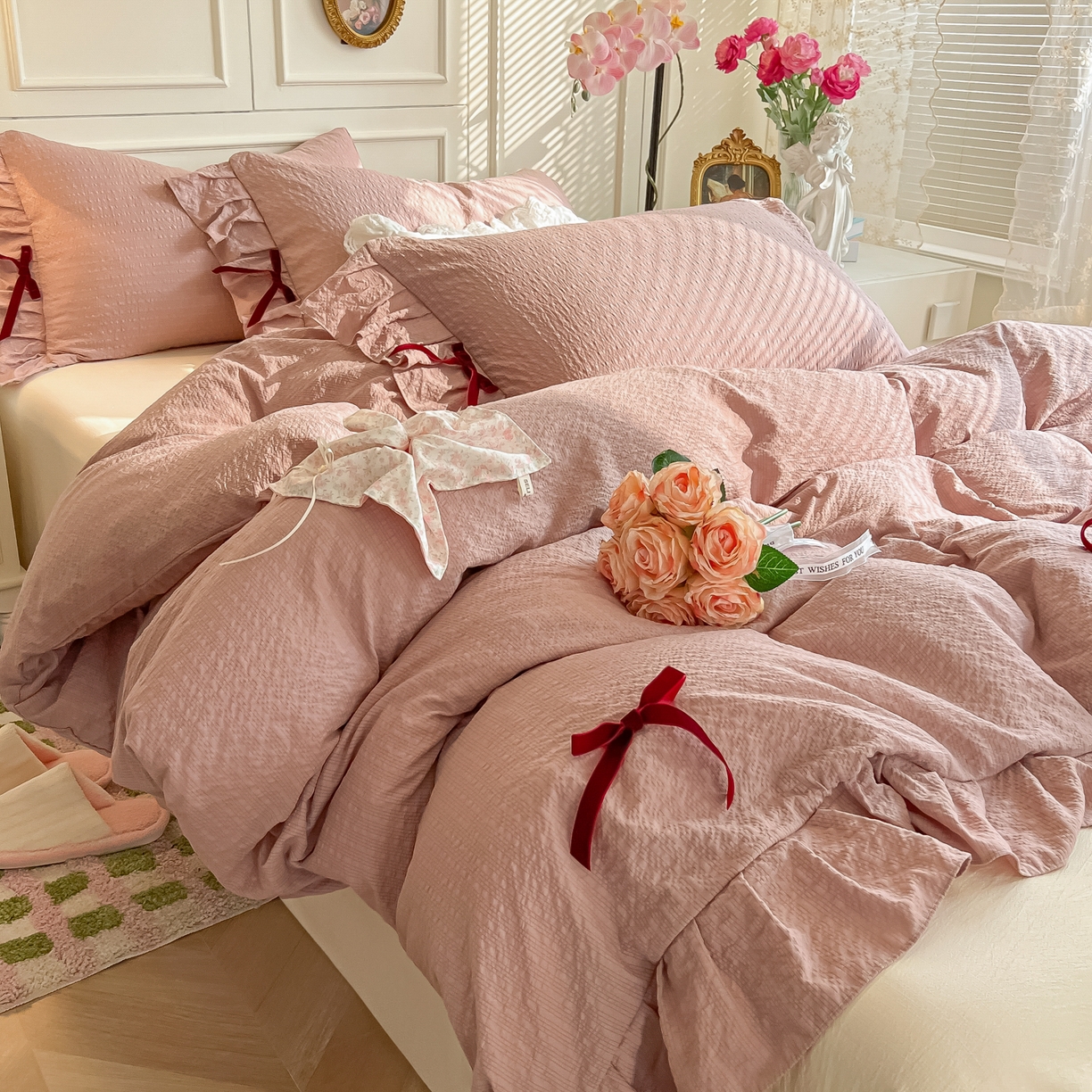 91家纺网 家纺一手货源 找家纺 瑞禾家纺（原阿亮） 2026春夏新款提花泡芙棉花边蝴蝶结床单床笠四件套-甜心公主 甜心公主-浅豆沙