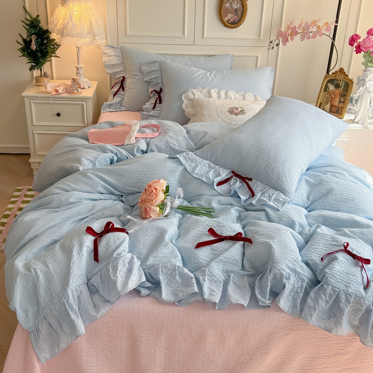 91家纺网 家纺一手货源 找家纺 瑞禾家纺（原阿亮） 2026春夏新款提花泡芙棉花边蝴蝶结床单床笠四件套-甜心公主 甜心公主-天蓝