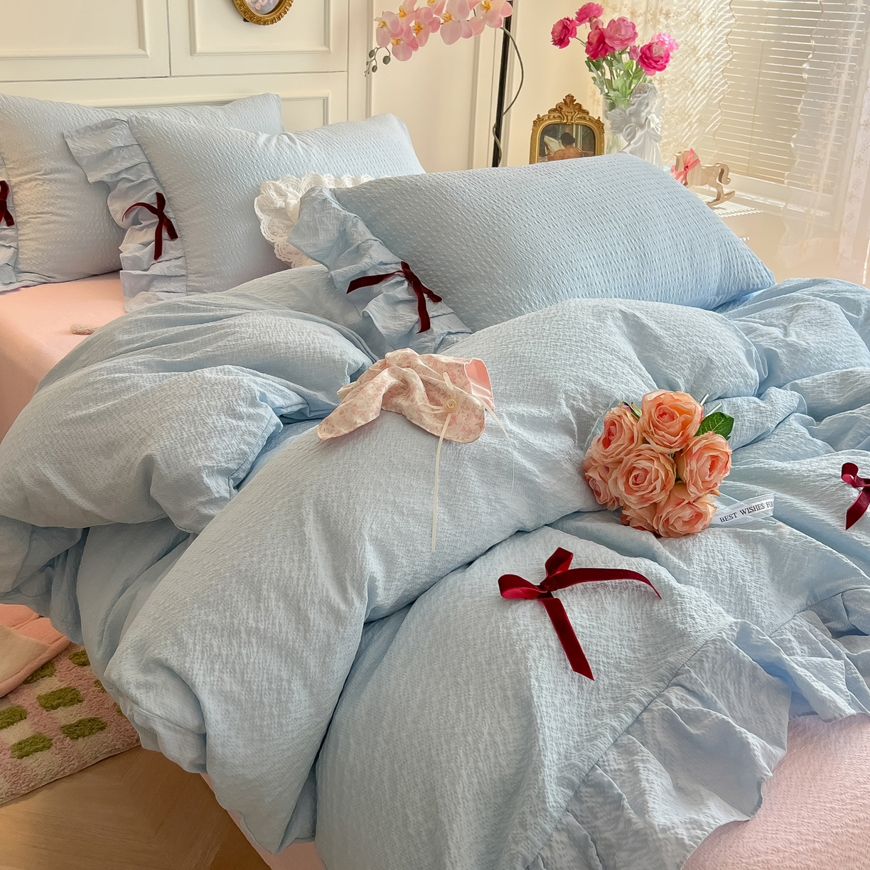 91家纺网 家纺一手货源 找家纺 瑞禾家纺（原阿亮） 2026春夏新款提花泡芙棉花边蝴蝶结床单床笠四件套-甜心公主 甜心公主-天蓝