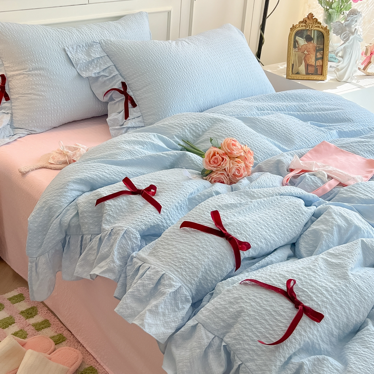 91家纺网 家纺一手货源 找家纺 瑞禾家纺（原阿亮） 2026春夏新款提花泡芙棉花边蝴蝶结床单床笠四件套-甜心公主 甜心公主-天蓝