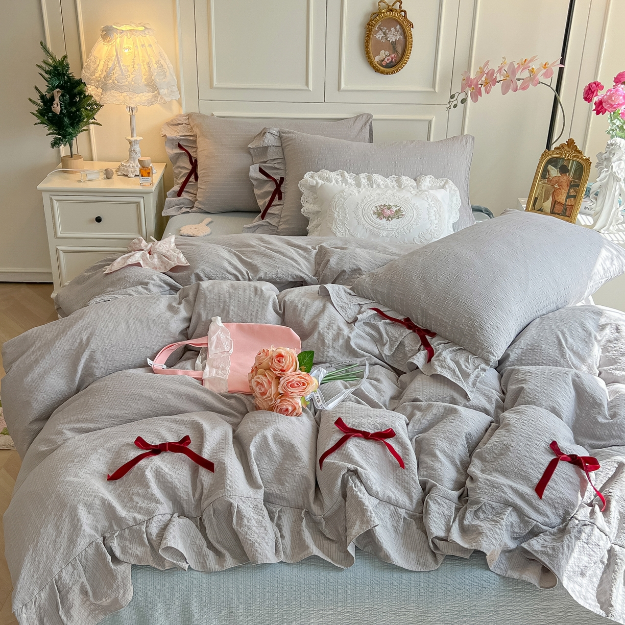 瑞禾家纺（原阿亮） 2026春夏新款提花泡芙棉花边蝴蝶结床单床笠四件套-甜心公主 甜心公主-烟灰