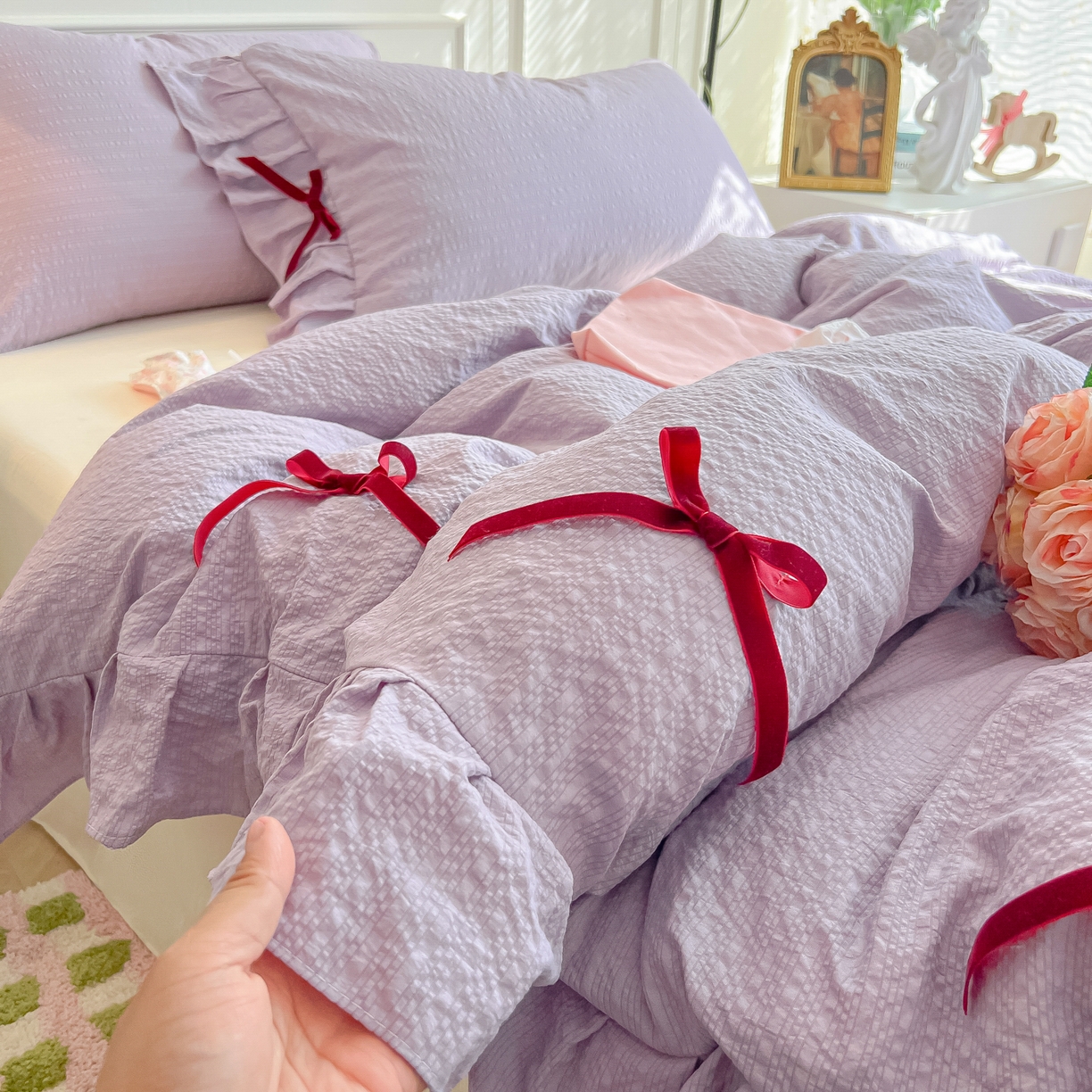 91家纺网 家纺一手货源 找家纺 瑞禾家纺（原阿亮） 2026春夏新款提花泡芙棉花边蝴蝶结床单床笠四件套-甜心公主 甜心公主-阳光紫