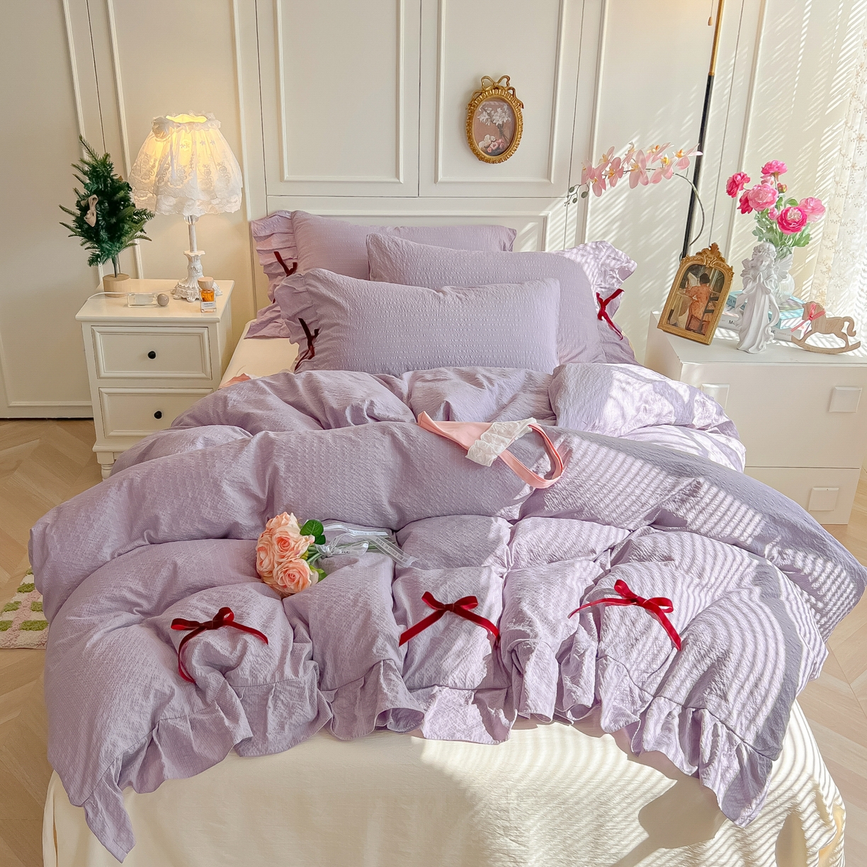91家纺网 家纺一手货源 找家纺 瑞禾家纺（原阿亮） 2026春夏新款提花泡芙棉花边蝴蝶结床单床笠四件套-甜心公主 甜心公主-阳光紫