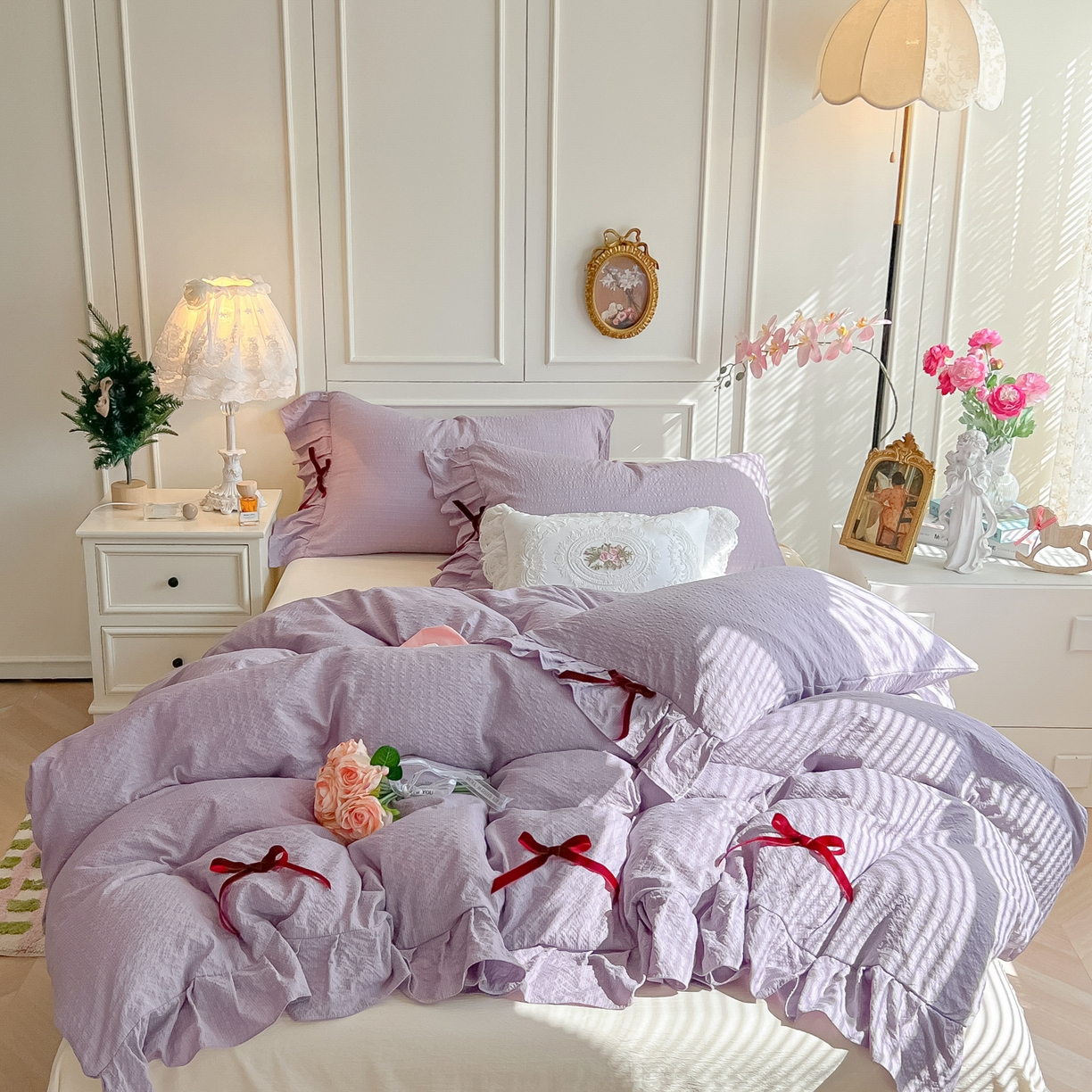 91家纺网 家纺一手货源 找家纺 瑞禾家纺（原阿亮） 2026春夏新款提花泡芙棉花边蝴蝶结床单床笠四件套-甜心公主 甜心公主-阳光紫