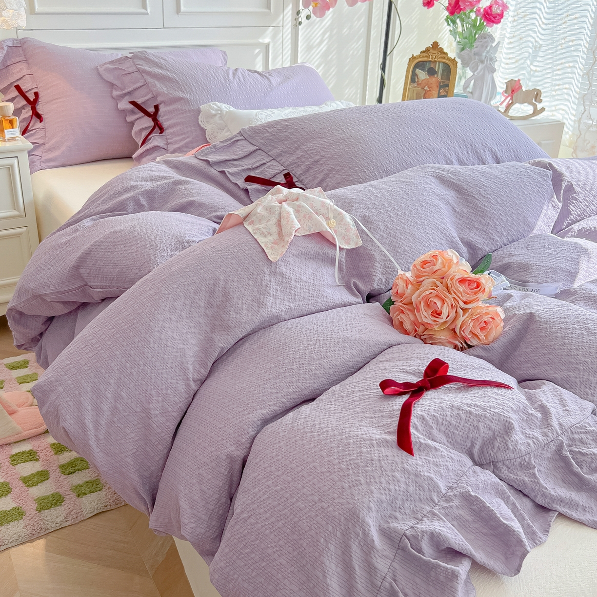 91家纺网 家纺一手货源 找家纺 瑞禾家纺（原阿亮） 2026春夏新款提花泡芙棉花边蝴蝶结床单床笠四件套-甜心公主 甜心公主-阳光紫