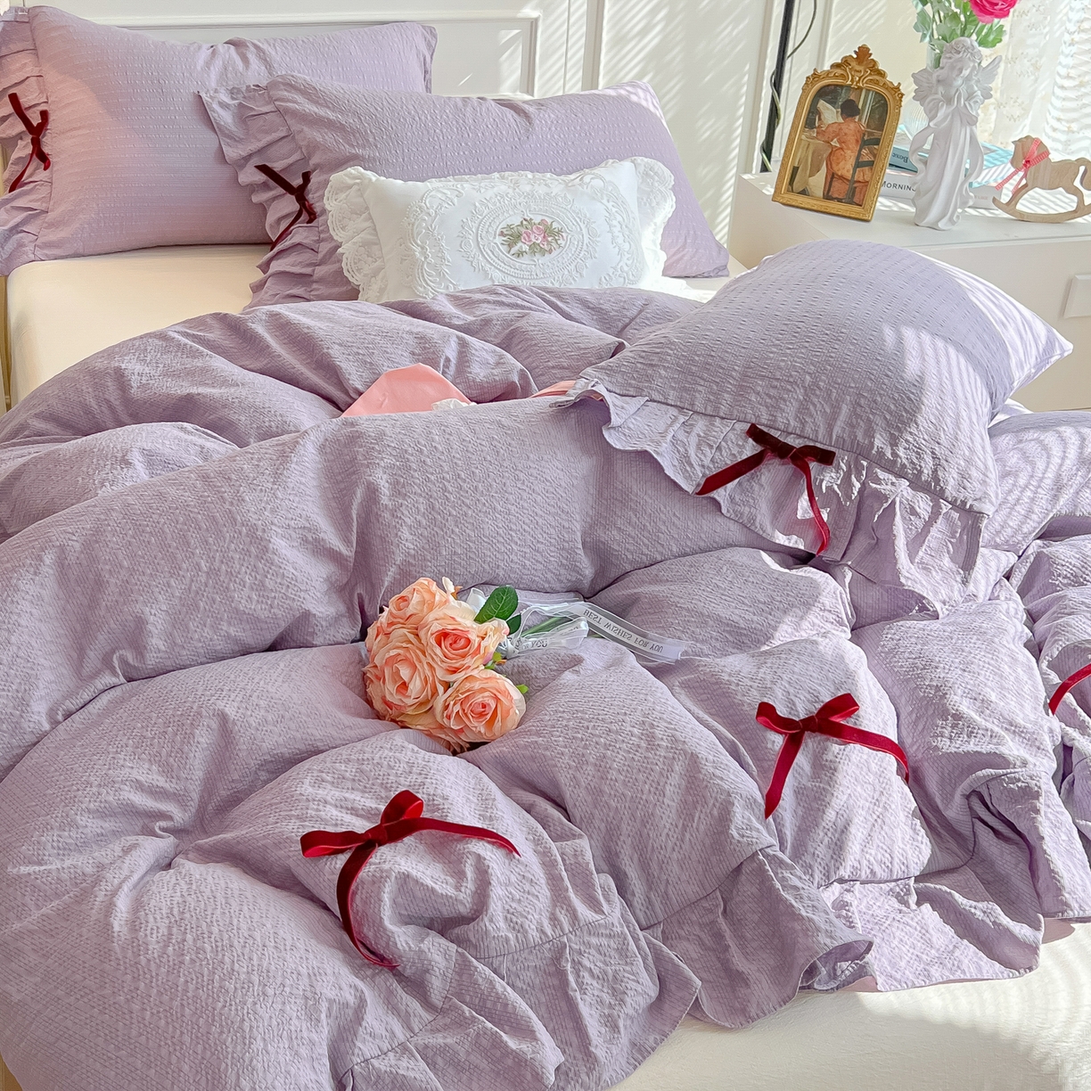 91家纺网 家纺一手货源 找家纺 瑞禾家纺（原阿亮） 2026春夏新款提花泡芙棉花边蝴蝶结床单床笠四件套-甜心公主 甜心公主-阳光紫