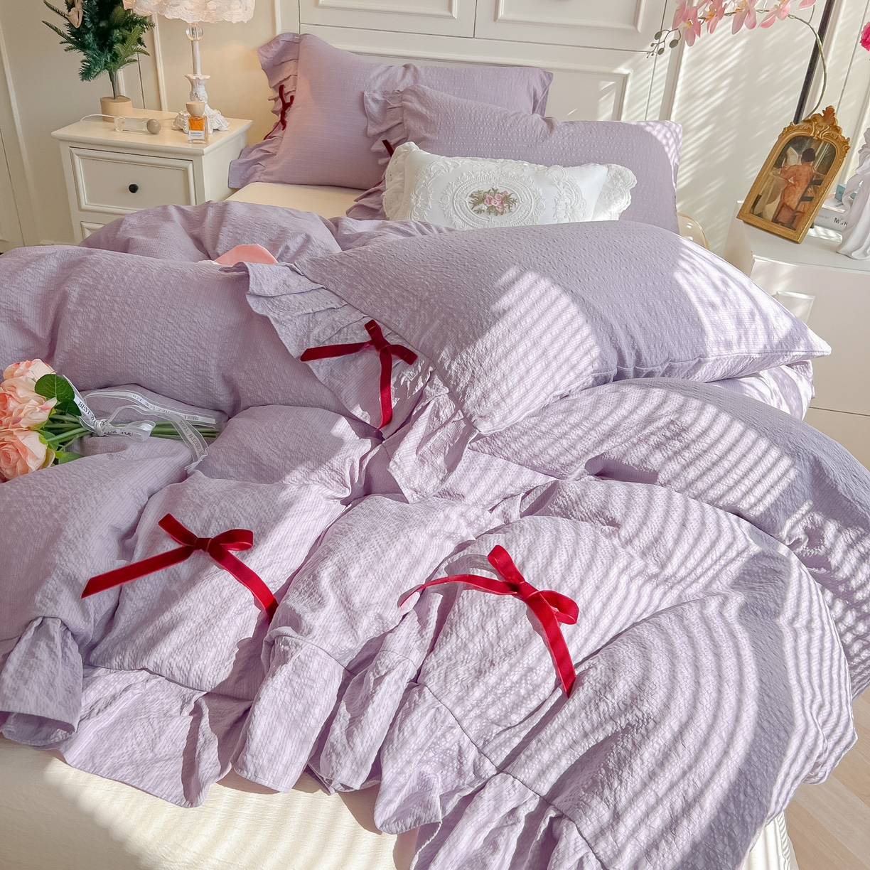 91家纺网 家纺一手货源 找家纺 瑞禾家纺（原阿亮） 2026春夏新款提花泡芙棉花边蝴蝶结床单床笠四件套-甜心公主 甜心公主-阳光紫