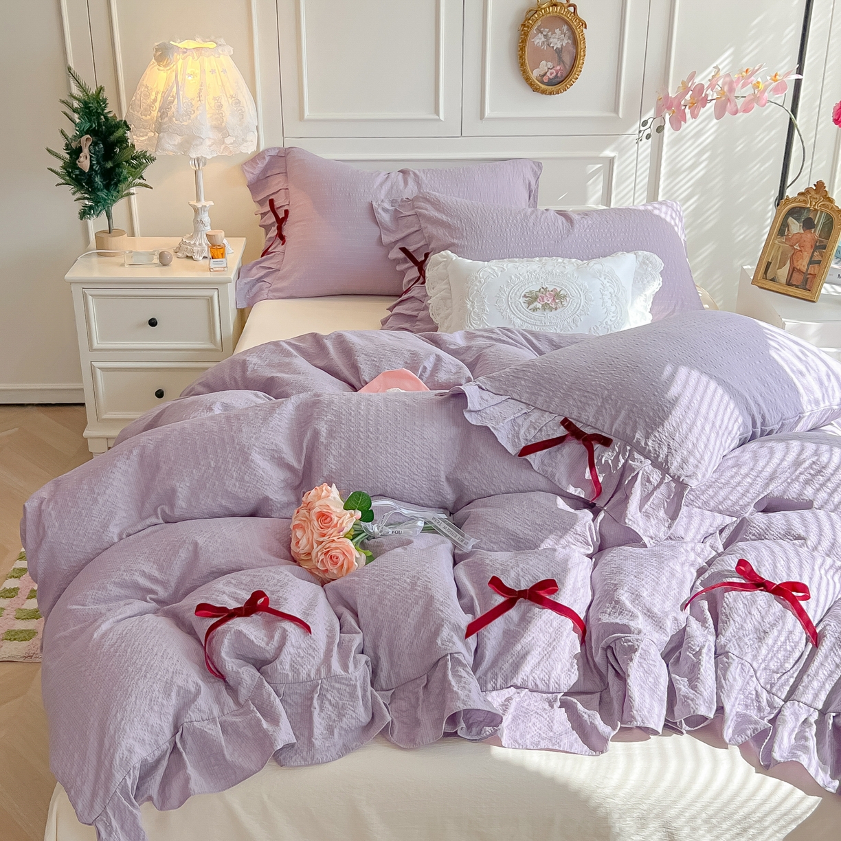 91家纺网 家纺一手货源 找家纺 瑞禾家纺（原阿亮） 2026春夏新款提花泡芙棉花边蝴蝶结床单床笠四件套-甜心公主 甜心公主-阳光紫