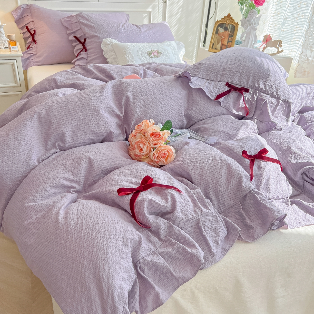 91家纺网 家纺一手货源 找家纺 瑞禾家纺（原阿亮） 2026春夏新款提花泡芙棉花边蝴蝶结床单床笠四件套-甜心公主 甜心公主-阳光紫