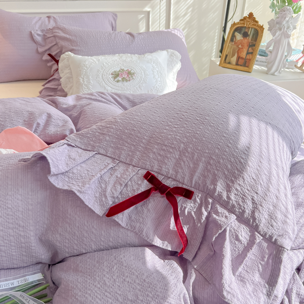 91家纺网 家纺一手货源 找家纺 瑞禾家纺（原阿亮） 2026春夏新款提花泡芙棉花边蝴蝶结床单床笠四件套-甜心公主 甜心公主-阳光紫