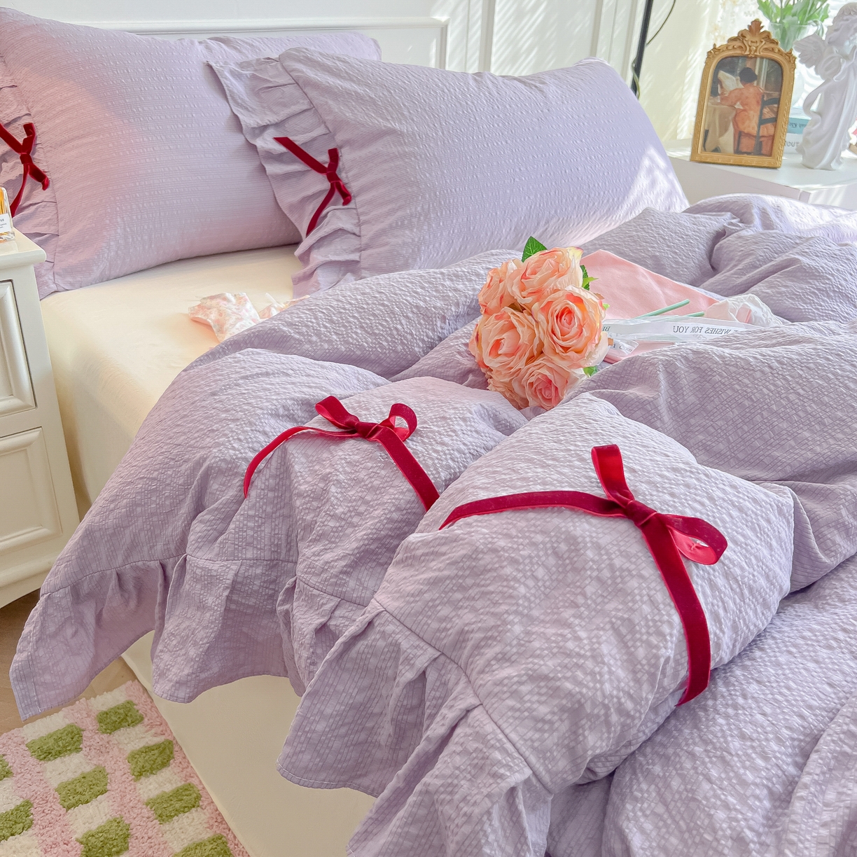 91家纺网 家纺一手货源 找家纺 瑞禾家纺（原阿亮） 2026春夏新款提花泡芙棉花边蝴蝶结床单床笠四件套-甜心公主 甜心公主-阳光紫