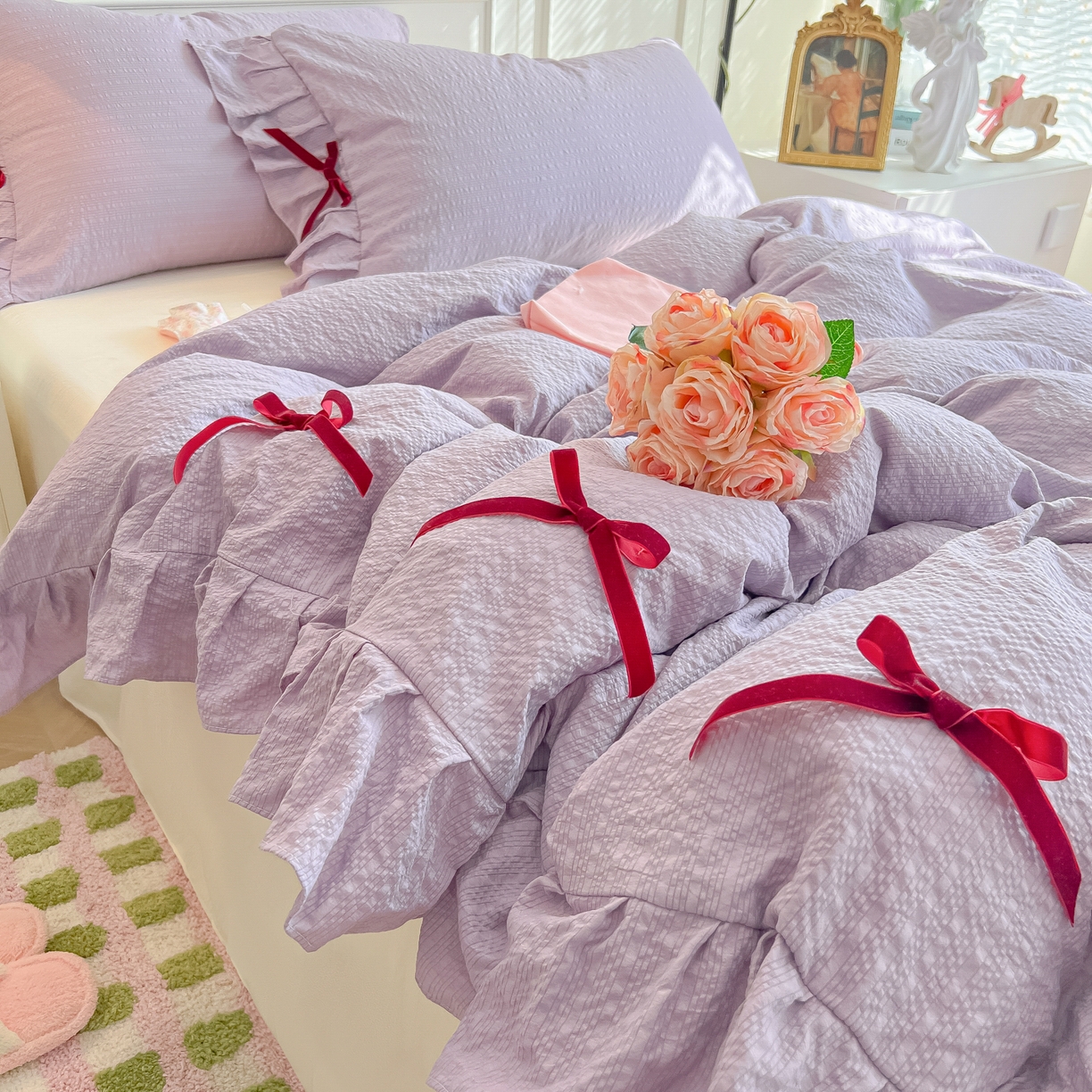 91家纺网 家纺一手货源 找家纺 瑞禾家纺（原阿亮） 2026春夏新款提花泡芙棉花边蝴蝶结床单床笠四件套-甜心公主 甜心公主-阳光紫