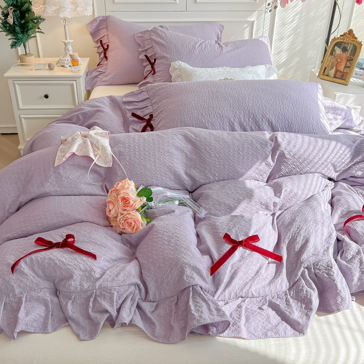 91家纺网 家纺一手货源 找家纺 瑞禾家纺（原阿亮） 2026春夏新款提花泡芙棉花边蝴蝶结床单床笠四件套-甜心公主 甜心公主-阳光紫