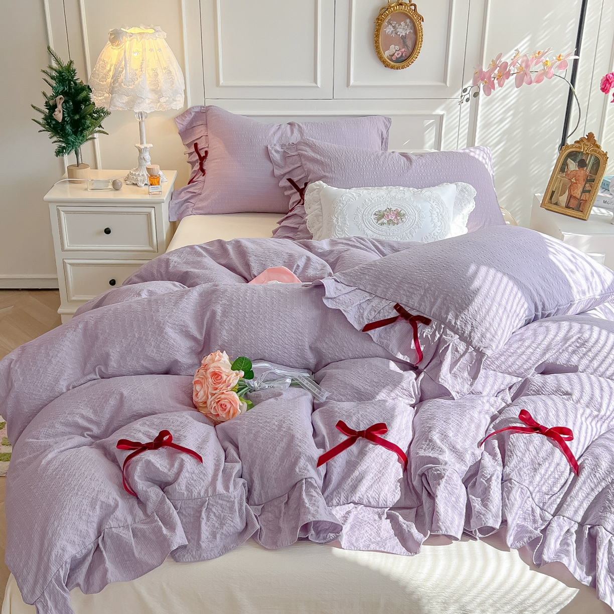 91家纺网 家纺一手货源 找家纺 瑞禾家纺（原阿亮） 2026春夏新款提花泡芙棉花边蝴蝶结床单床笠四件套-甜心公主 甜心公主-阳光紫