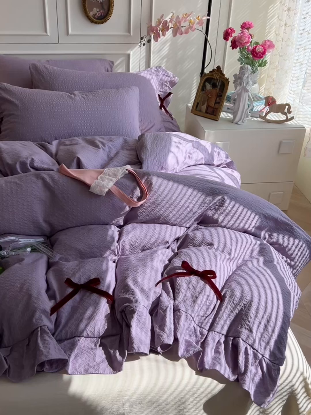 91家纺网 家纺一手货源 找家纺 瑞禾家纺（原阿亮） 2026春夏新款提花泡芙棉花边蝴蝶结床单床笠四件套-甜心公主 甜心公主-阳光紫
