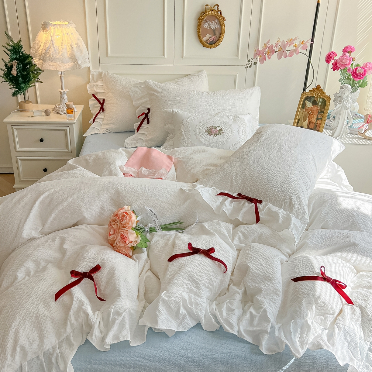 瑞禾家纺（原阿亮） 2026春夏新款提花泡芙棉花边蝴蝶结床单床笠四件套-甜心公主 甜心公主-珍珠白