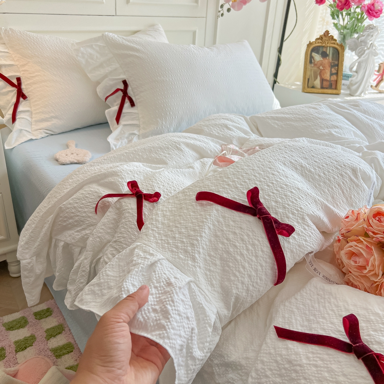 91家纺网 家纺一手货源 找家纺 瑞禾家纺（原阿亮） 2026春夏新款提花泡芙棉花边蝴蝶结床单床笠四件套-甜心公主 甜心公主-珍珠白