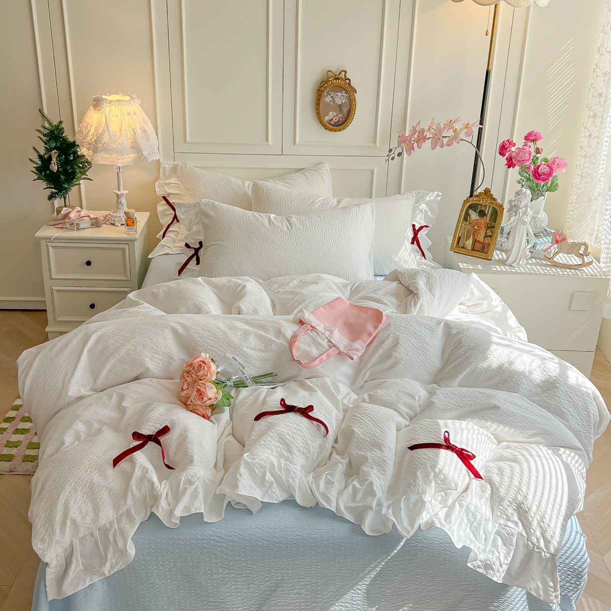 91家纺网 家纺一手货源 找家纺 瑞禾家纺（原阿亮） 2026春夏新款提花泡芙棉花边蝴蝶结床单床笠四件套-甜心公主 甜心公主-珍珠白
