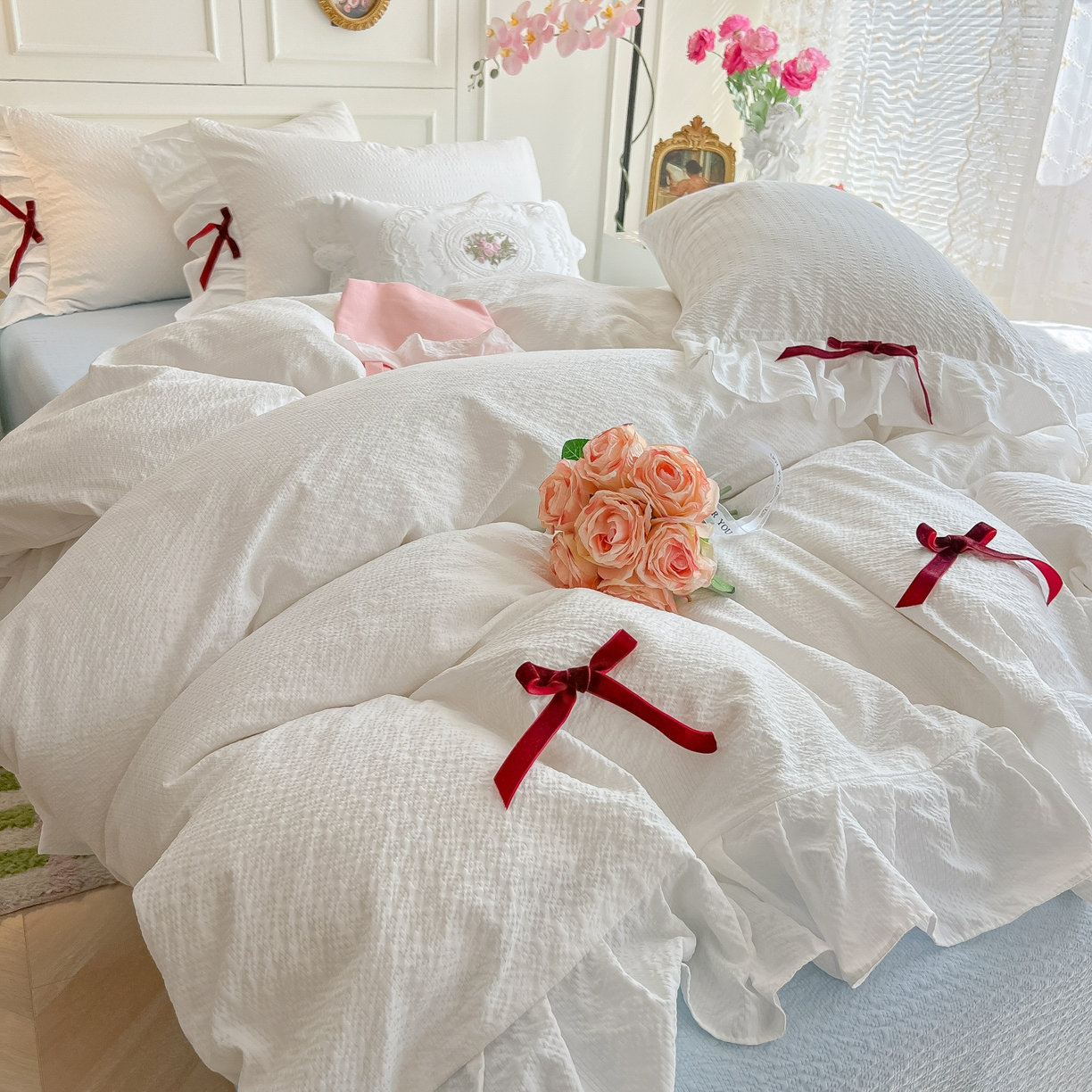 91家纺网 家纺一手货源 找家纺 瑞禾家纺（原阿亮） 2026春夏新款提花泡芙棉花边蝴蝶结床单床笠四件套-甜心公主 甜心公主-珍珠白