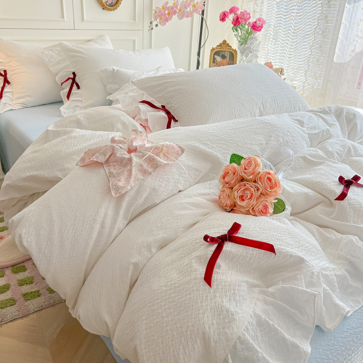 91家纺网 家纺一手货源 找家纺 瑞禾家纺（原阿亮） 2026春夏新款提花泡芙棉花边蝴蝶结床单床笠四件套-甜心公主 甜心公主-珍珠白