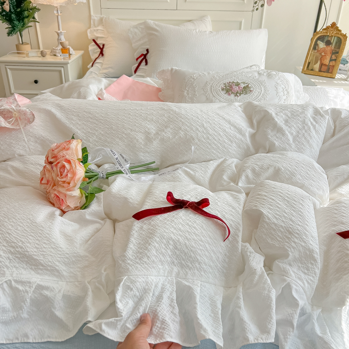 91家纺网 家纺一手货源 找家纺 瑞禾家纺（原阿亮） 2026春夏新款提花泡芙棉花边蝴蝶结床单床笠四件套-甜心公主 甜心公主-珍珠白