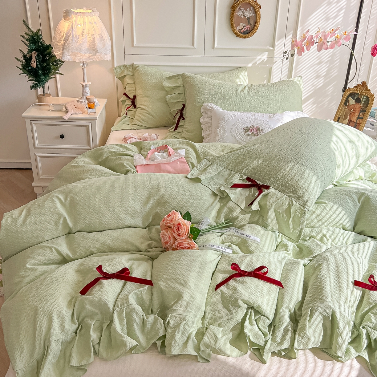 瑞禾家纺（原阿亮） 2026春夏新款提花泡芙棉花边蝴蝶结床单床笠四件套-甜心公主 甜心公主-薄荷绿