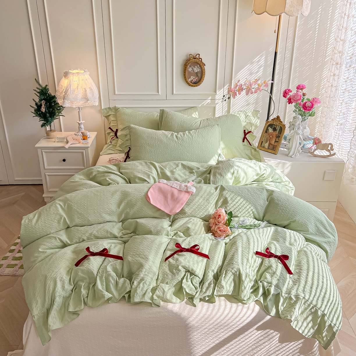 91家纺网 家纺一手货源 找家纺 瑞禾家纺（原阿亮） 2026春夏新款提花泡芙棉花边蝴蝶结床单床笠四件套-甜心公主 甜心公主-薄荷绿
