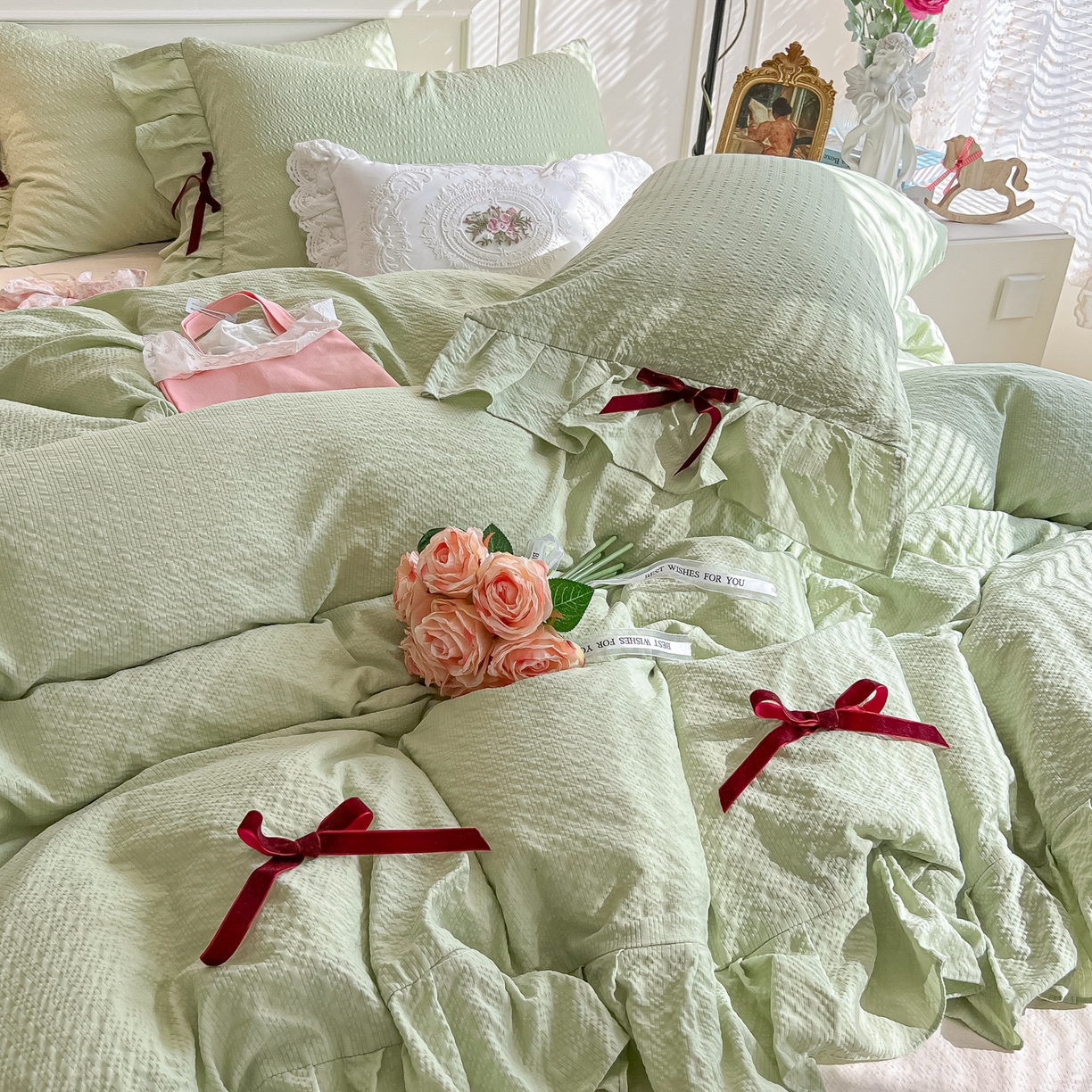 91家纺网 家纺一手货源 找家纺 瑞禾家纺（原阿亮） 2026春夏新款提花泡芙棉花边蝴蝶结床单床笠四件套-甜心公主 甜心公主-薄荷绿