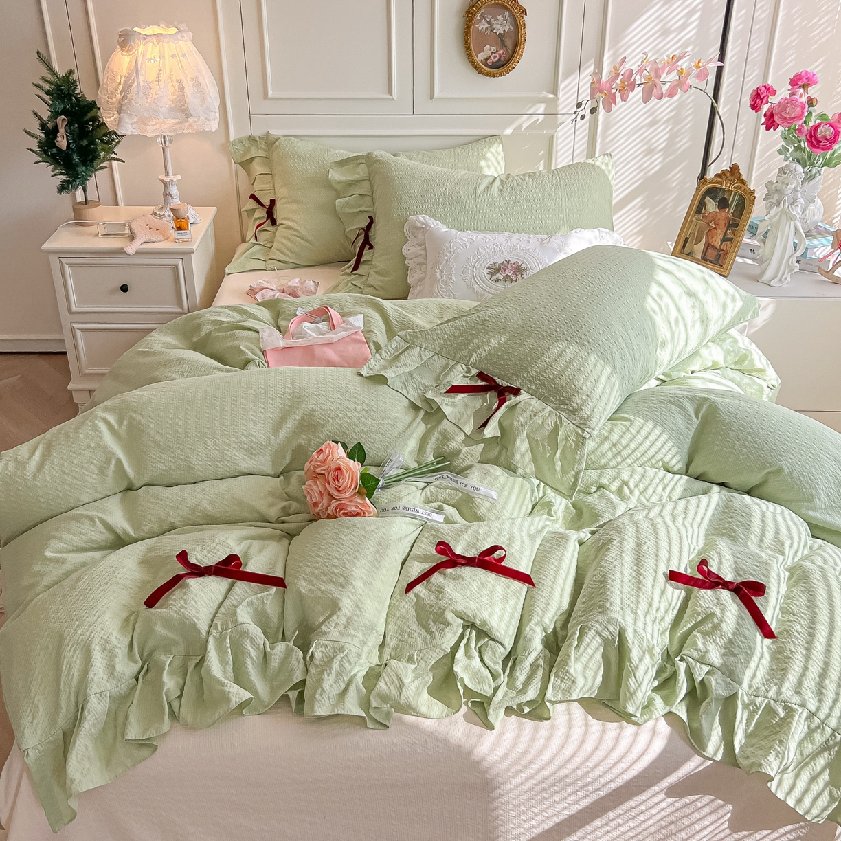 91家纺网 家纺一手货源 找家纺 瑞禾家纺（原阿亮） 2026春夏新款提花泡芙棉花边蝴蝶结床单床笠四件套-甜心公主 甜心公主-薄荷绿