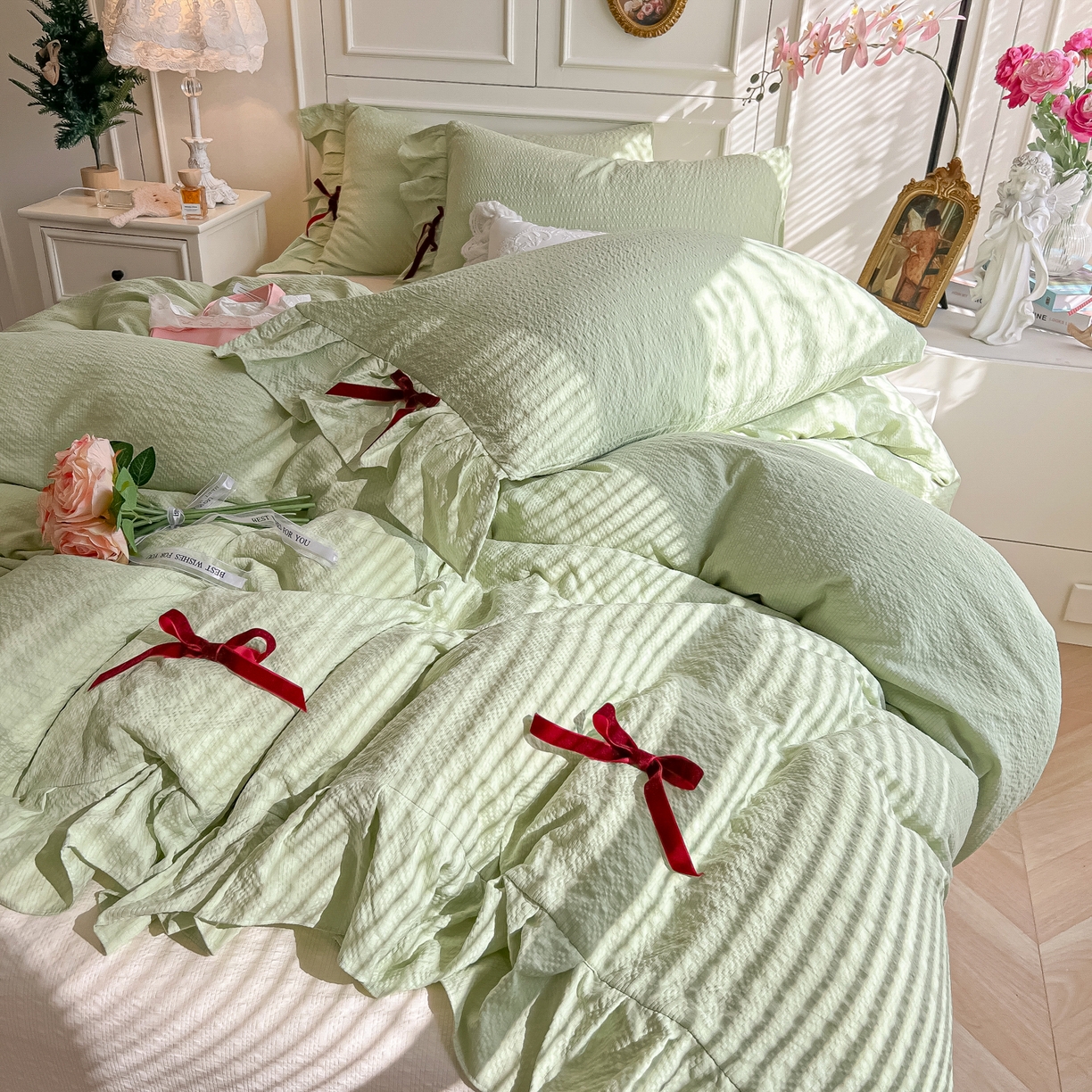 91家纺网 家纺一手货源 找家纺 瑞禾家纺（原阿亮） 2026春夏新款提花泡芙棉花边蝴蝶结床单床笠四件套-甜心公主 甜心公主-薄荷绿