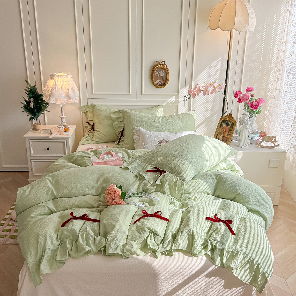 91家纺网 家纺一手货源 找家纺 瑞禾家纺（原阿亮） 2026春夏新款提花泡芙棉花边蝴蝶结床单床笠四件套-甜心公主 甜心公主-薄荷绿