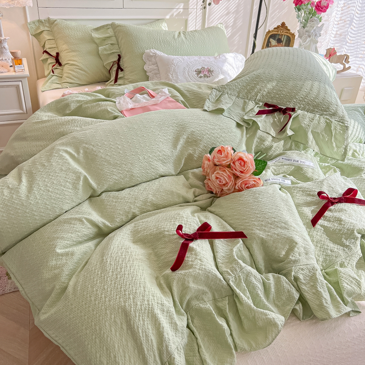 91家纺网 家纺一手货源 找家纺 瑞禾家纺（原阿亮） 2026春夏新款提花泡芙棉花边蝴蝶结床单床笠四件套-甜心公主 甜心公主-薄荷绿
