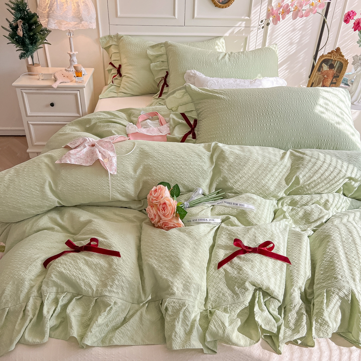 91家纺网 家纺一手货源 找家纺 瑞禾家纺（原阿亮） 2026春夏新款提花泡芙棉花边蝴蝶结床单床笠四件套-甜心公主 甜心公主-薄荷绿