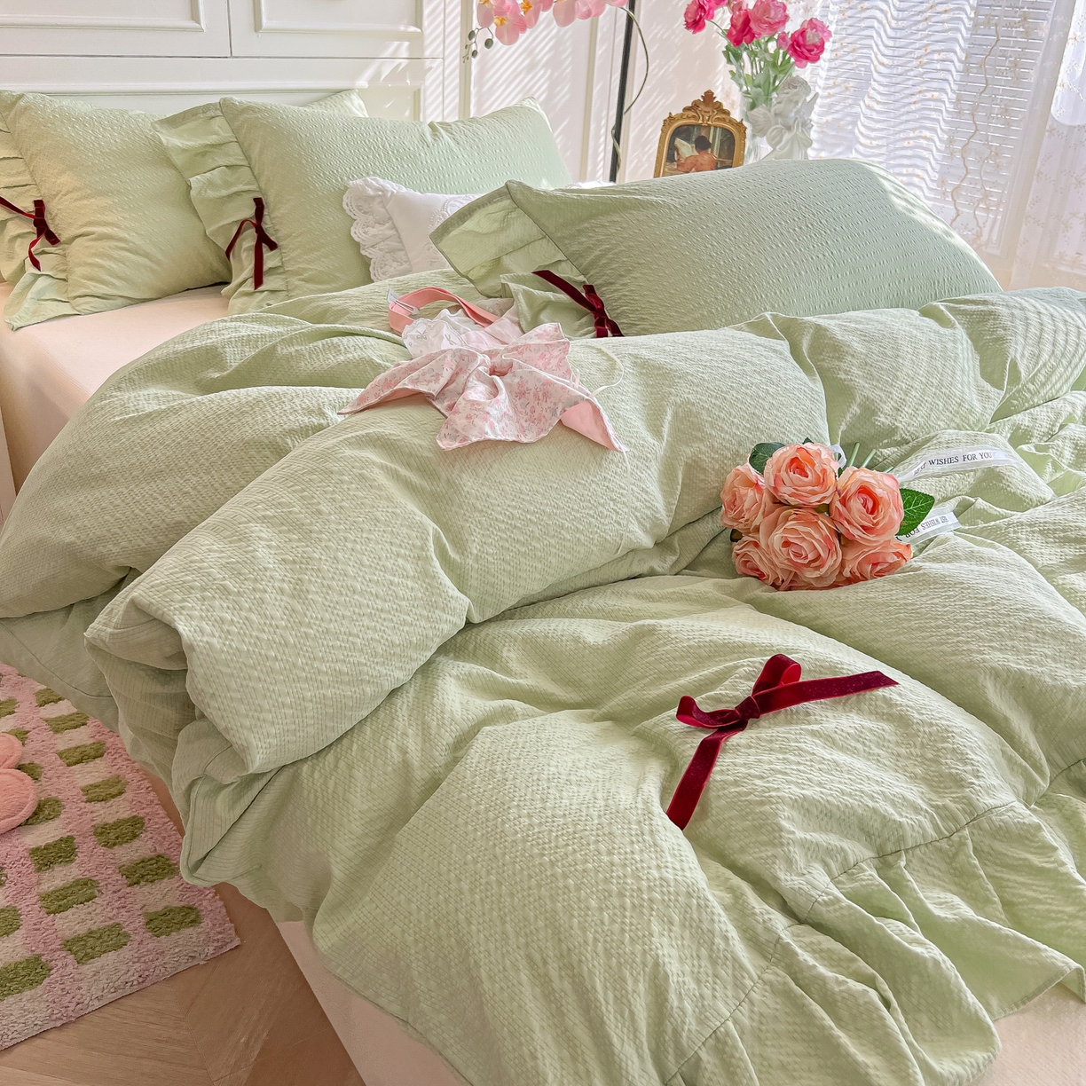 91家纺网 家纺一手货源 找家纺 瑞禾家纺（原阿亮） 2026春夏新款提花泡芙棉花边蝴蝶结床单床笠四件套-甜心公主 甜心公主-薄荷绿