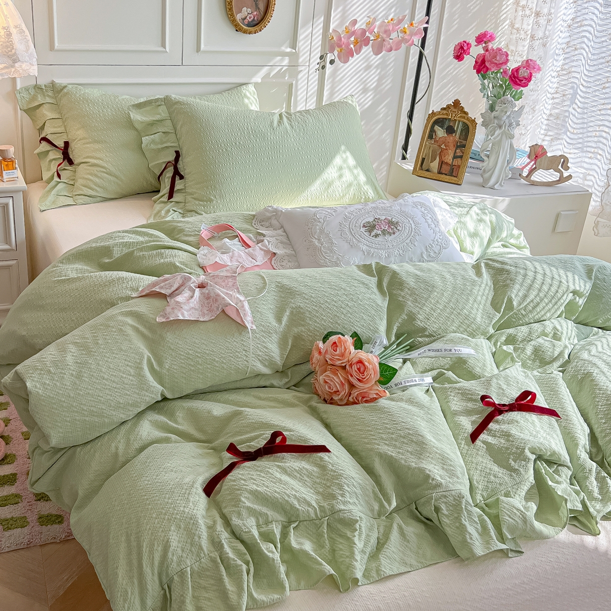 91家纺网 家纺一手货源 找家纺 瑞禾家纺（原阿亮） 2026春夏新款提花泡芙棉花边蝴蝶结床单床笠四件套-甜心公主 甜心公主-薄荷绿