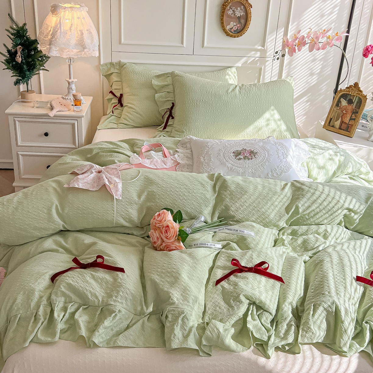 91家纺网 家纺一手货源 找家纺 瑞禾家纺（原阿亮） 2026春夏新款提花泡芙棉花边蝴蝶结床单床笠四件套-甜心公主 甜心公主-薄荷绿