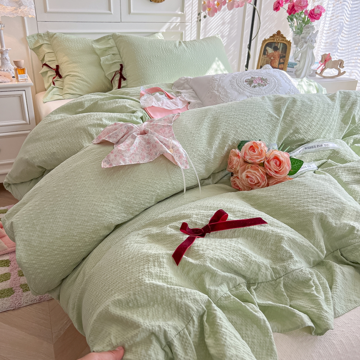 91家纺网 家纺一手货源 找家纺 瑞禾家纺（原阿亮） 2026春夏新款提花泡芙棉花边蝴蝶结床单床笠四件套-甜心公主 甜心公主-薄荷绿