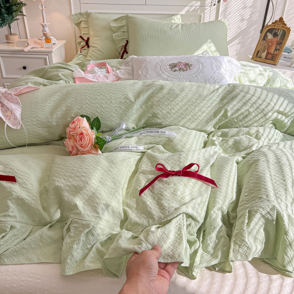 91家纺网 家纺一手货源 找家纺 瑞禾家纺（原阿亮） 2026春夏新款提花泡芙棉花边蝴蝶结床单床笠四件套-甜心公主 甜心公主-薄荷绿