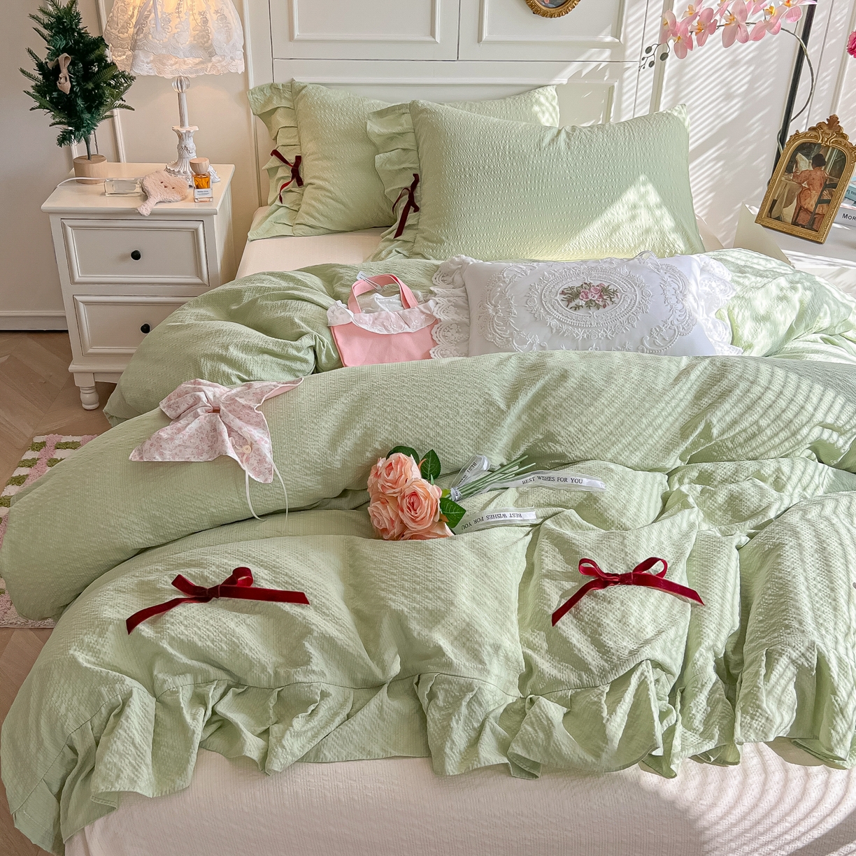 91家纺网 家纺一手货源 找家纺 瑞禾家纺（原阿亮） 2026春夏新款提花泡芙棉花边蝴蝶结床单床笠四件套-甜心公主 甜心公主-薄荷绿